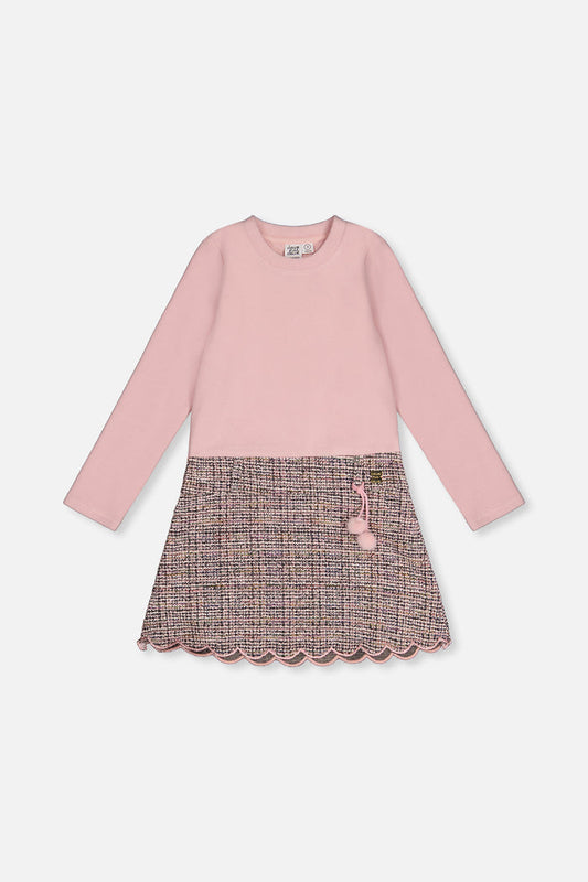 Deux par Deux girls rib and jacquard knit dress in pink and black, front view