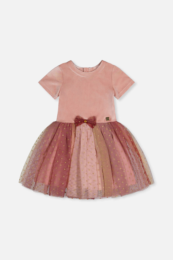 Deux par Deux girls velvet dress with star gradient mesh skirt in pink, front view