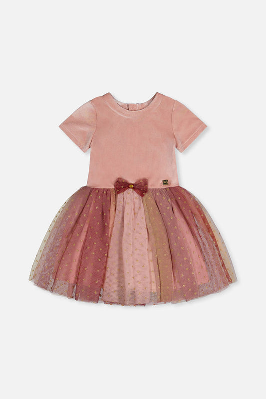 Deux par Deux girls velvet dress with star gradient mesh skirt in pink, front view