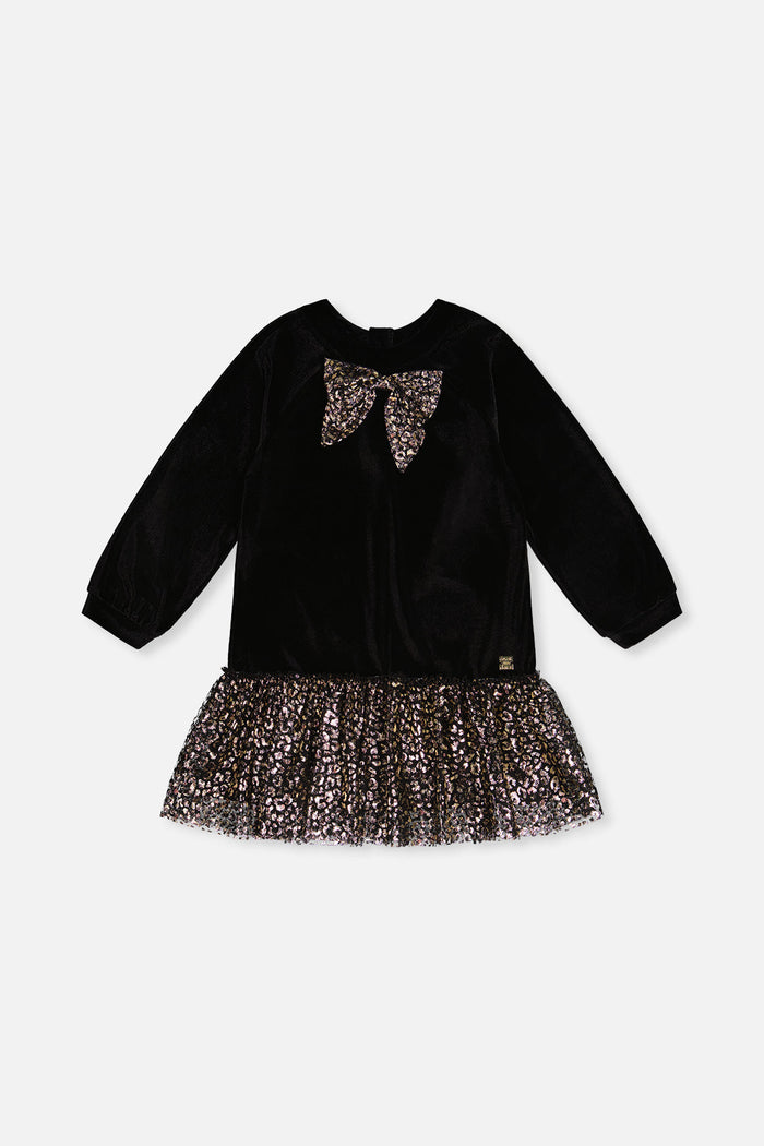 Deux par Deux girls' black and gold velour party dress – front view