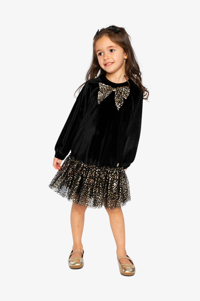 Deux par Deux girls' black and gold velour party dress – worn by a model