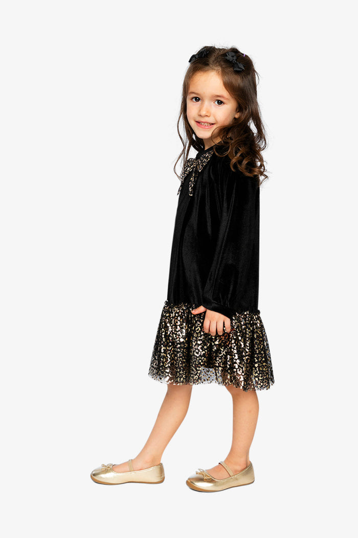 Deux par Deux girls' black and gold velour party dress – worn by a model, view 2