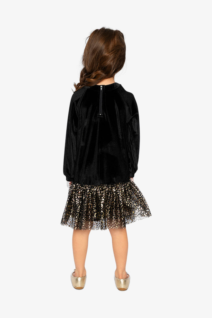 Deux par Deux girls' black and gold velour party dress – worn by a model, view 3