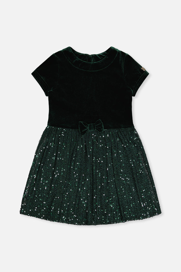 Deux par Deux girls Green Forest velvet dress with glittering mesh skirt, front view