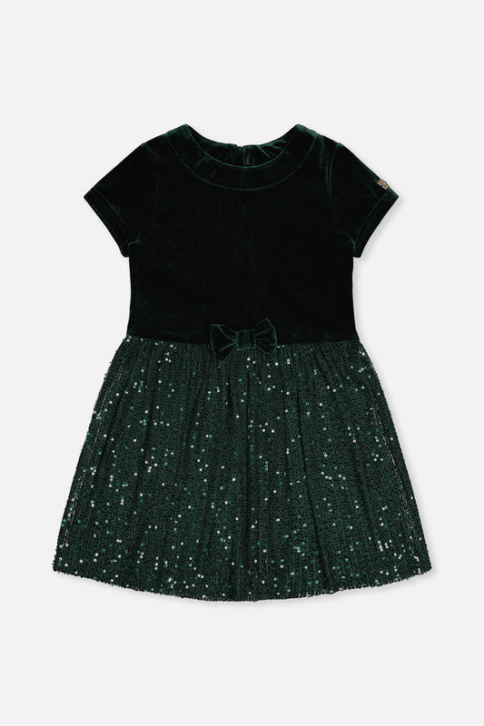 Deux par Deux girls Green Forest velvet dress with glittering mesh skirt, front view