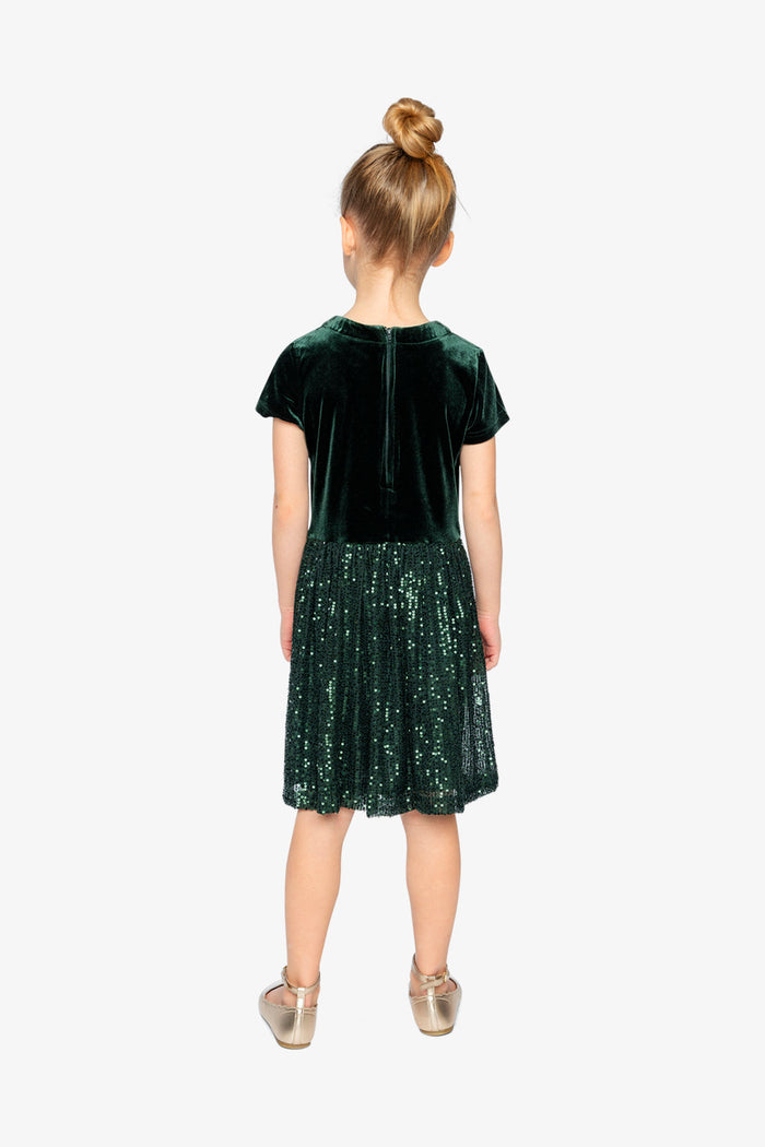 Child wearing Deux par Deux Green Forest velvet dress with glittering mesh skirt, lookbook view 3
