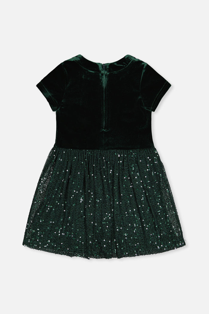 Deux par Deux girls Green Forest velvet dress with glittering mesh skirt, back view