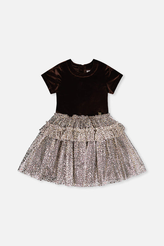 Deux par Deux girls' dark brown velour and mesh party dress – front view