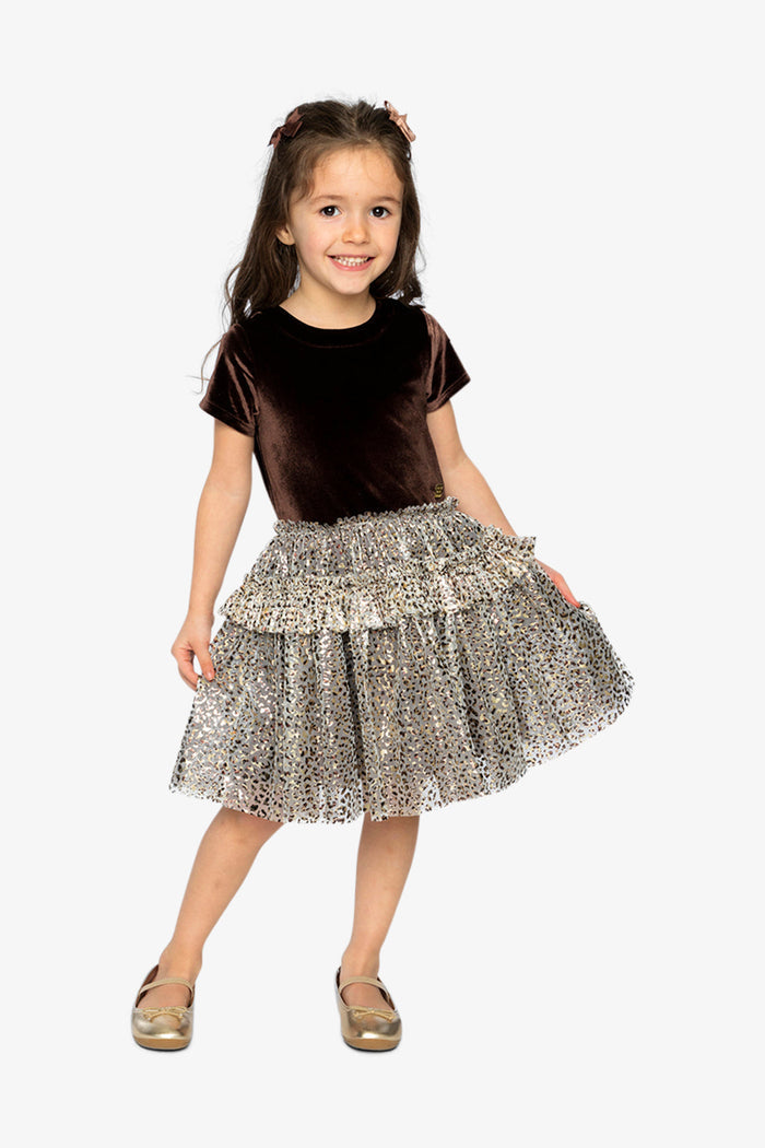 Deux par Deux girls' dark brown velour and mesh party dress – worn by a model
