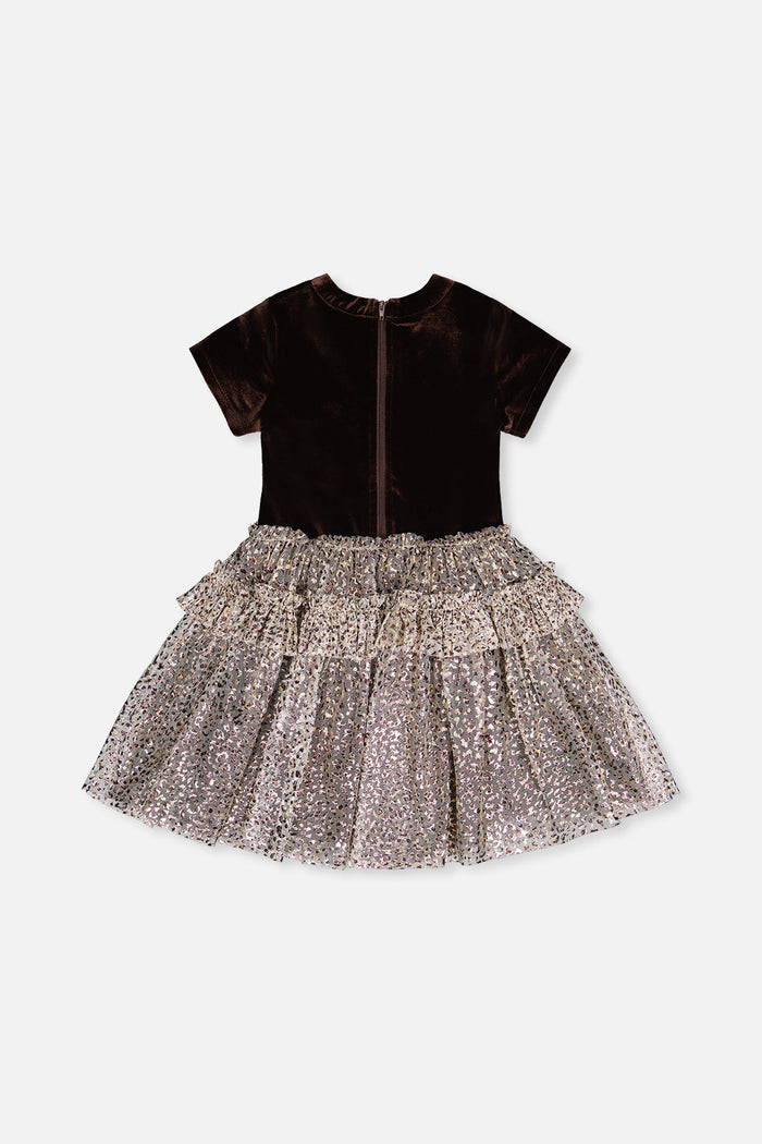 Deux par Deux girls' dark brown velour and mesh party dress – back view