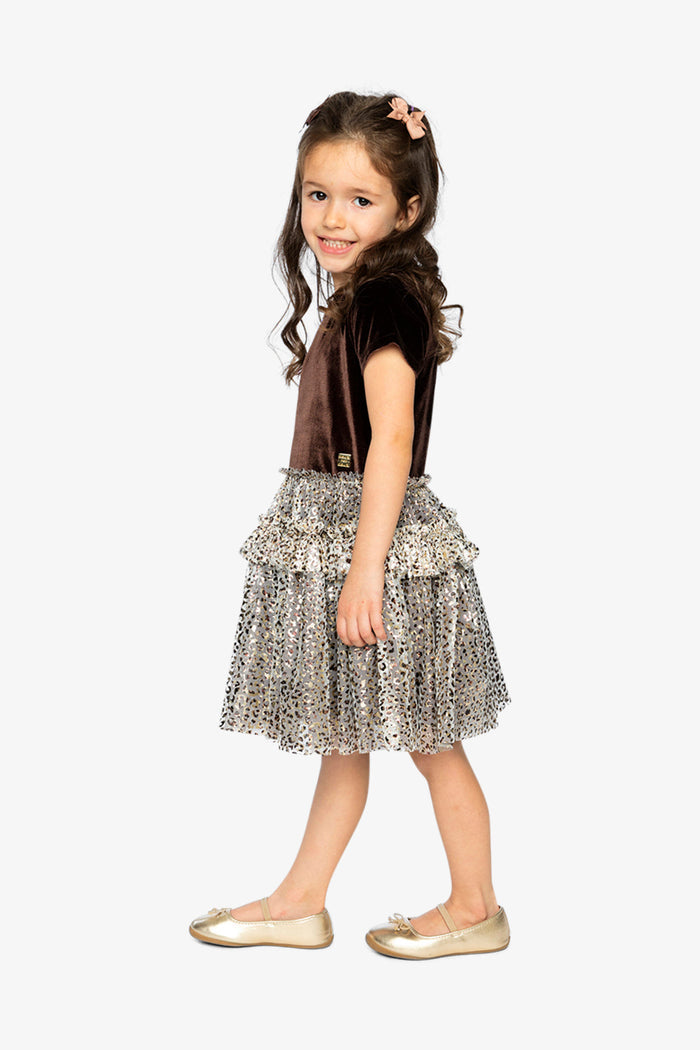 Deux par Deux girls' dark brown velour and mesh party dress – worn by a model, view 2