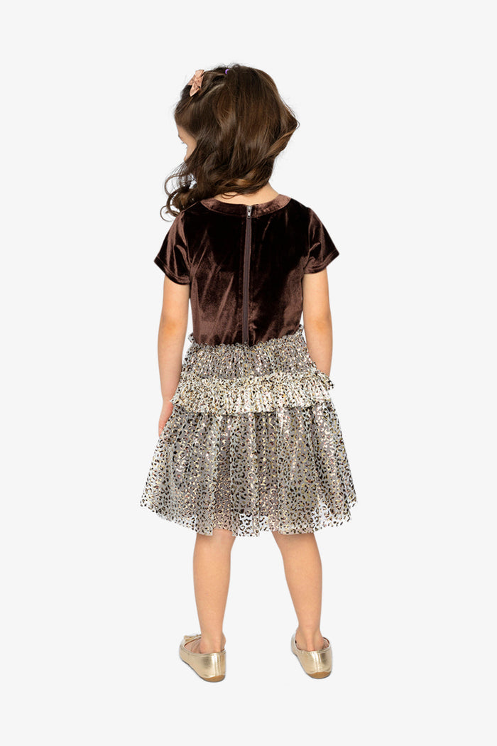 Deux par Deux girls' dark brown velour and mesh party dress – worn by a model, view 3