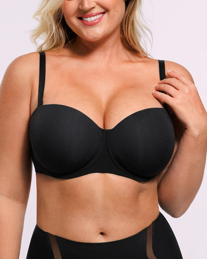 Convertible Strapless Push Up Bra in black, front view showing contour cups with natural lift