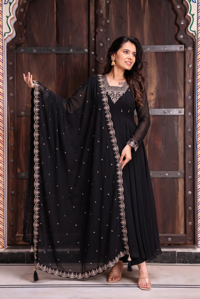 Black Color Georgette Embroidered Three Piece Anarkali Suit