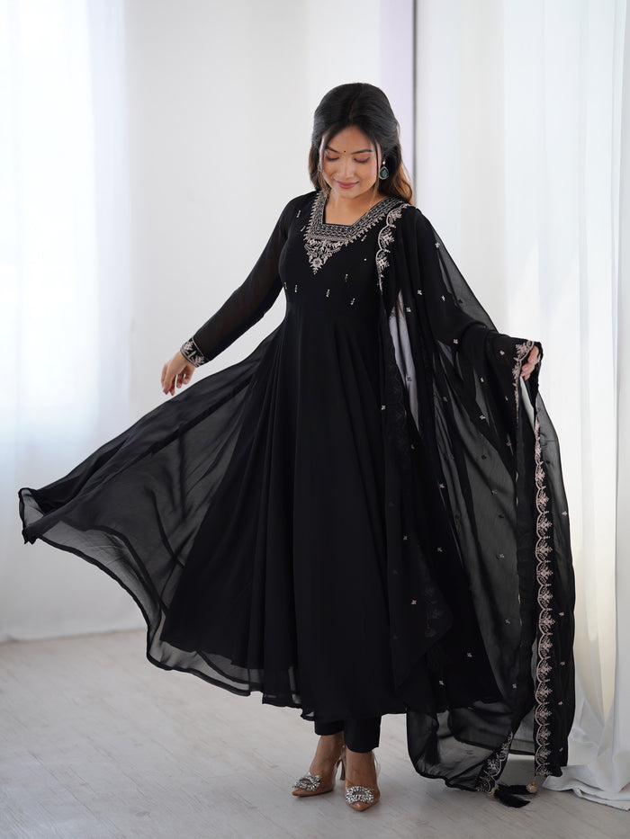 Black Color Georgette Embroidered Three Piece Anarkali Suit