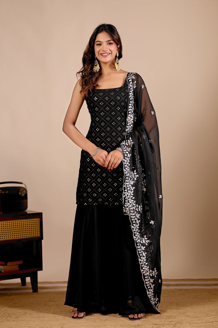 Black Embroidered Kurta Sharara Suit Set for Festive & Wedding Occasions