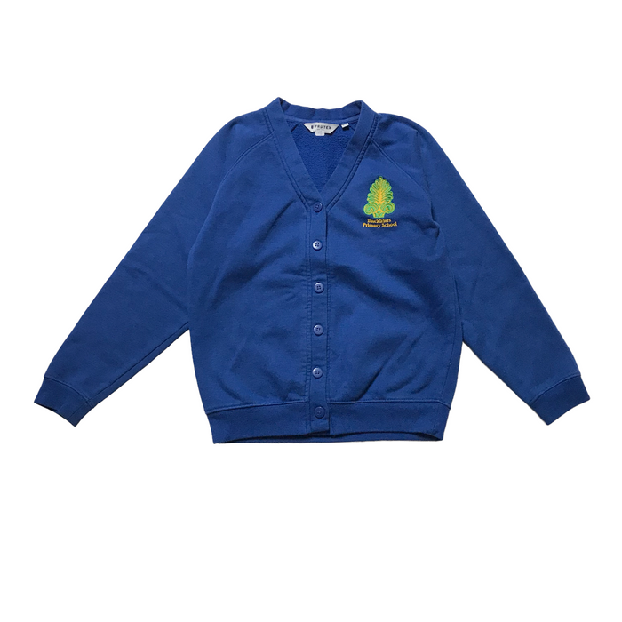 Second-hand Blackfriars Primary girls royal blue jersey school cardigan, flat lay view with classic knit style