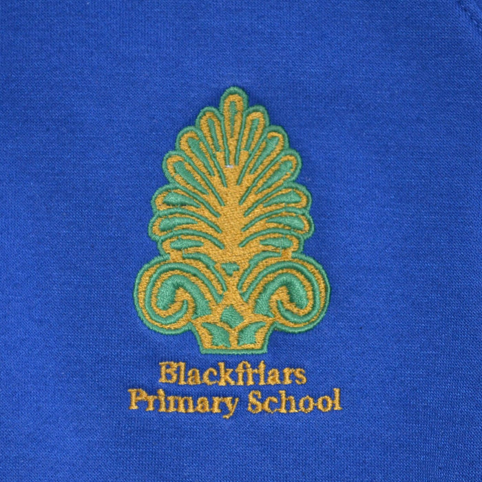 Second-hand Blackfriars Primary girls royal blue jersey school cardigan, flat lay view with classic knit style