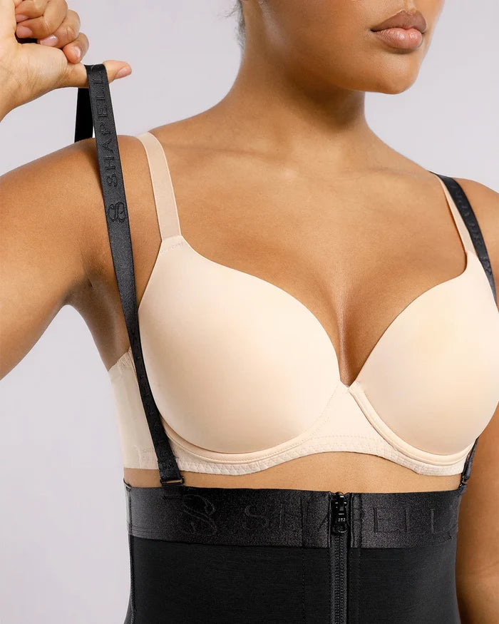 Close-up of adjustable and removable shoulder straps on full body shaper
