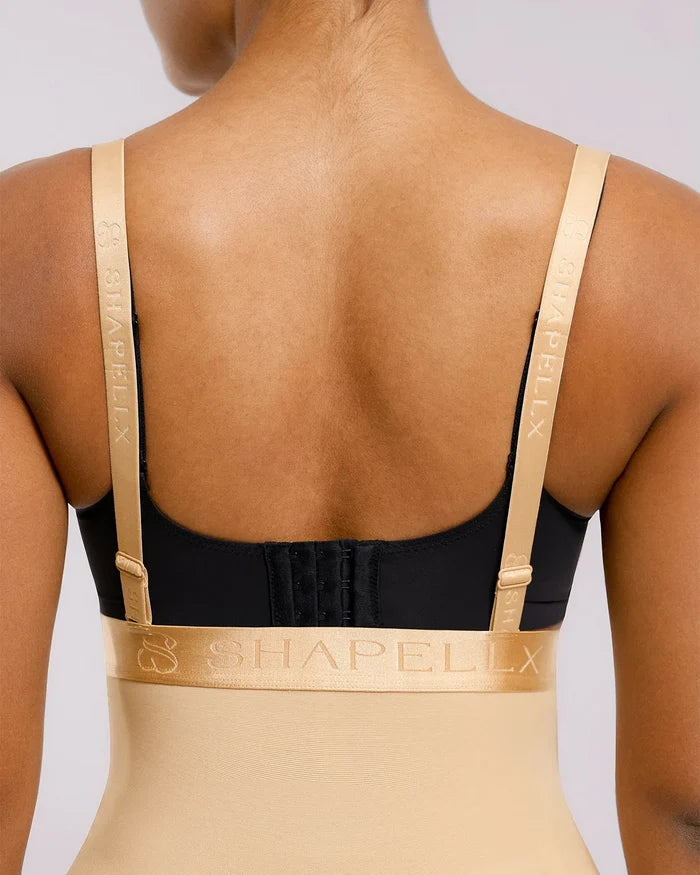 Close-up of adjustable and removable shoulder straps on full body shaper