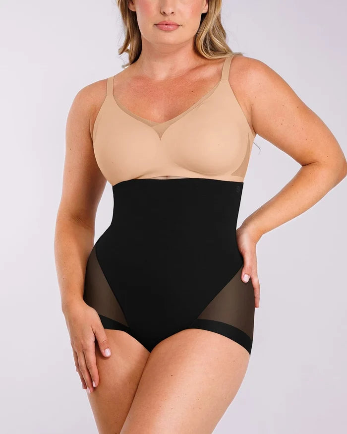 BOOT-YEAH MeshSmooth Butt-Lifting Brief in black, front view showing high-waisted tummy control