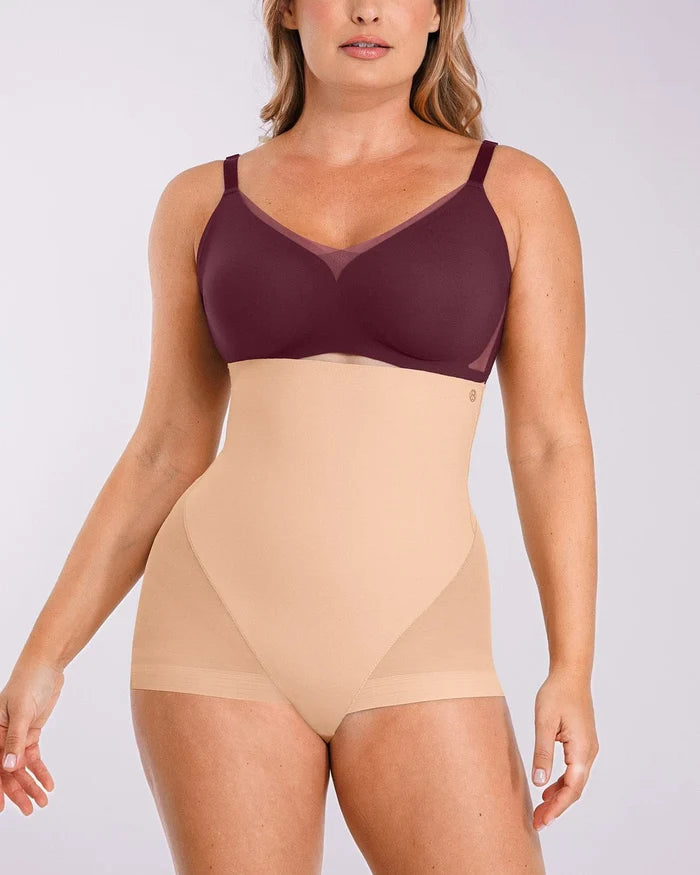 BOOT-YEAH MeshSmooth Butt-Lifting Brief in beige, front view showing high-waisted tummy control