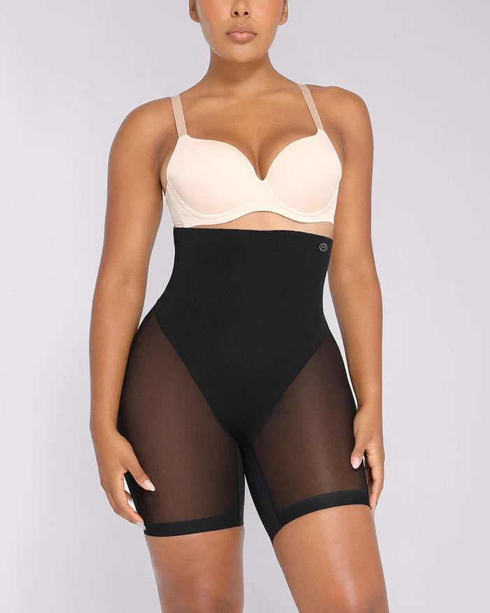 Black Mesh Butt-Lifting Mid Thigh Shapewear Shorts with Tummy