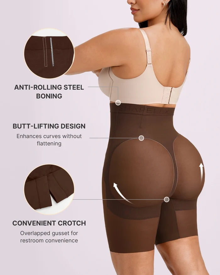 Brown high-waisted shapewear shorts featuring a 3D T-Back design for natural butt lifting and curve enhancement.