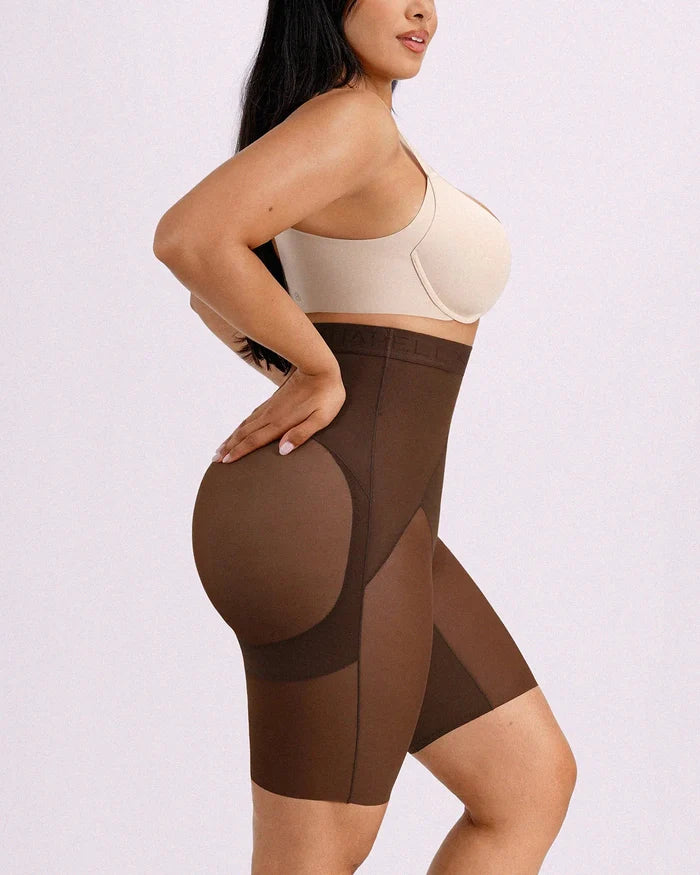 Brown high-waisted shapewear shorts featuring 3D butt lift, midsection smoothing compression, and anti-roll waistband support.