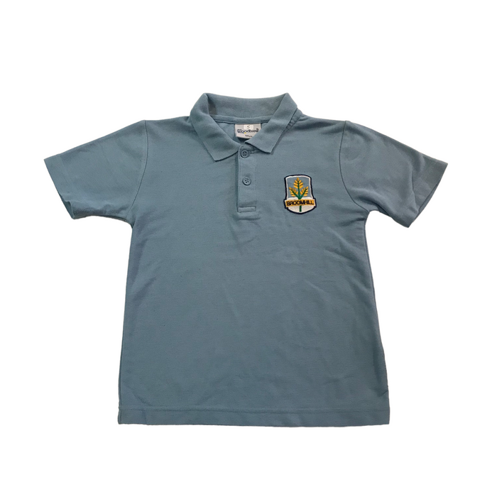Second-hand Broomhill Primary unisex light blue polo shirt, flat lay view with embroidered school badge.