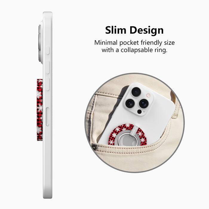 Side view of the slim Buffalo Plaid Snowflake grip ring with collapsible ring, and a phone with the grip sliding into a jeans pocket