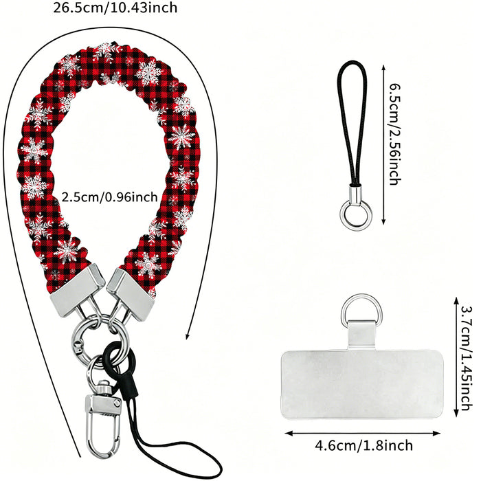 Buffalo Plaid Snowflake scrunchie wrist strap dimensions: 26.5 cm strap, 2.5 cm wide, 6.5 cm loop, 4.6 x 3.7 cm phone tab