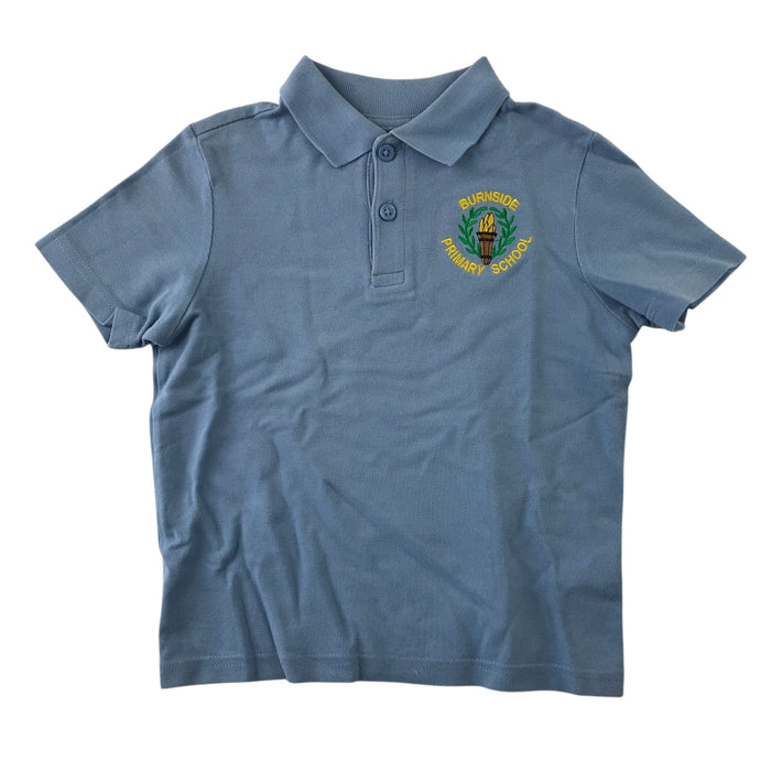 Second-hand Burnside Primary School sky blue polo shirt, flat lay view with embroidered badge.