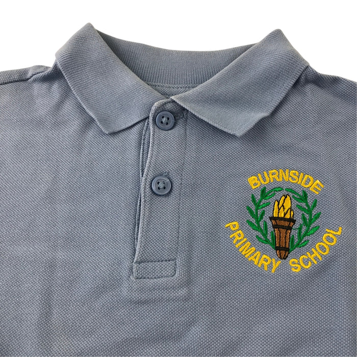 Second-hand Burnside Primary School sky blue polo shirt, flat lay view with embroidered badge.