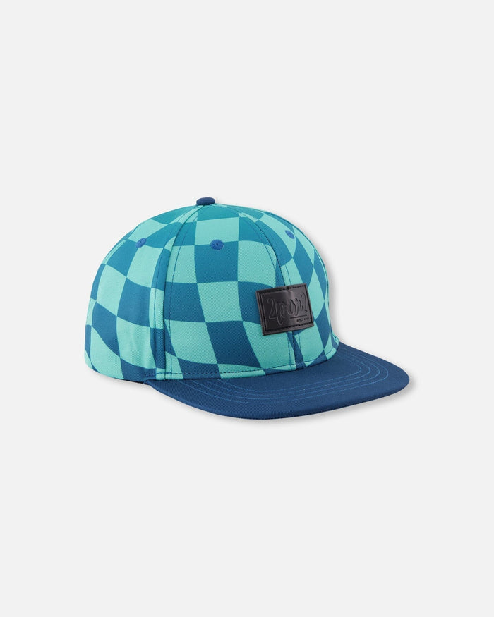 Deux par Deux boys' teal checkerboard print flat-brim cap – front view