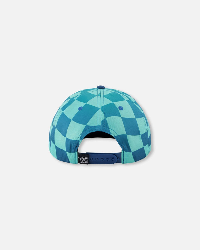 Deux par Deux boys' teal checkerboard print flat-brim cap – back view with adjustable strap