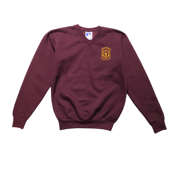 Second-hand Cardonald Primary boys burgundy V-neck school sweatshirt, flat lay view with embroidered school badge.