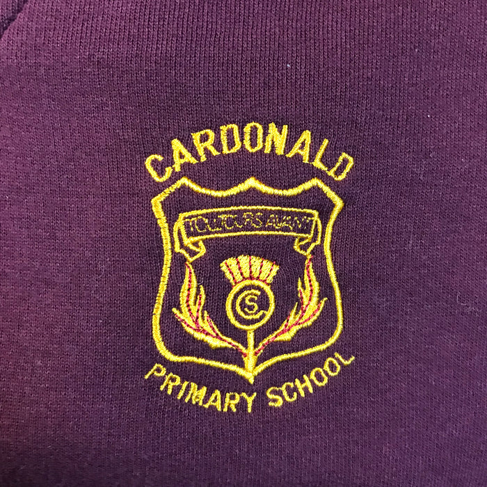 Second-hand Cardonald Primary boys burgundy V-neck school sweatshirt, flat lay view with embroidered school badge.