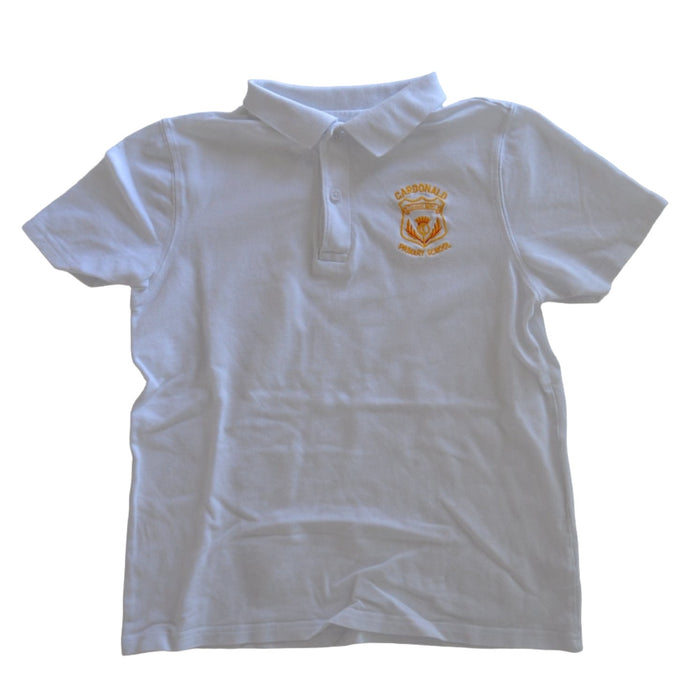 Second-hand Cardonald Primary unisex white polo shirt, flat lay view with embroidered school badge.