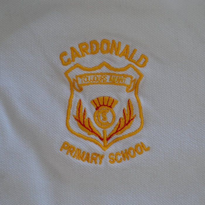 Second-hand Cardonald Primary unisex white polo shirt, flat lay view with embroidered school badge.