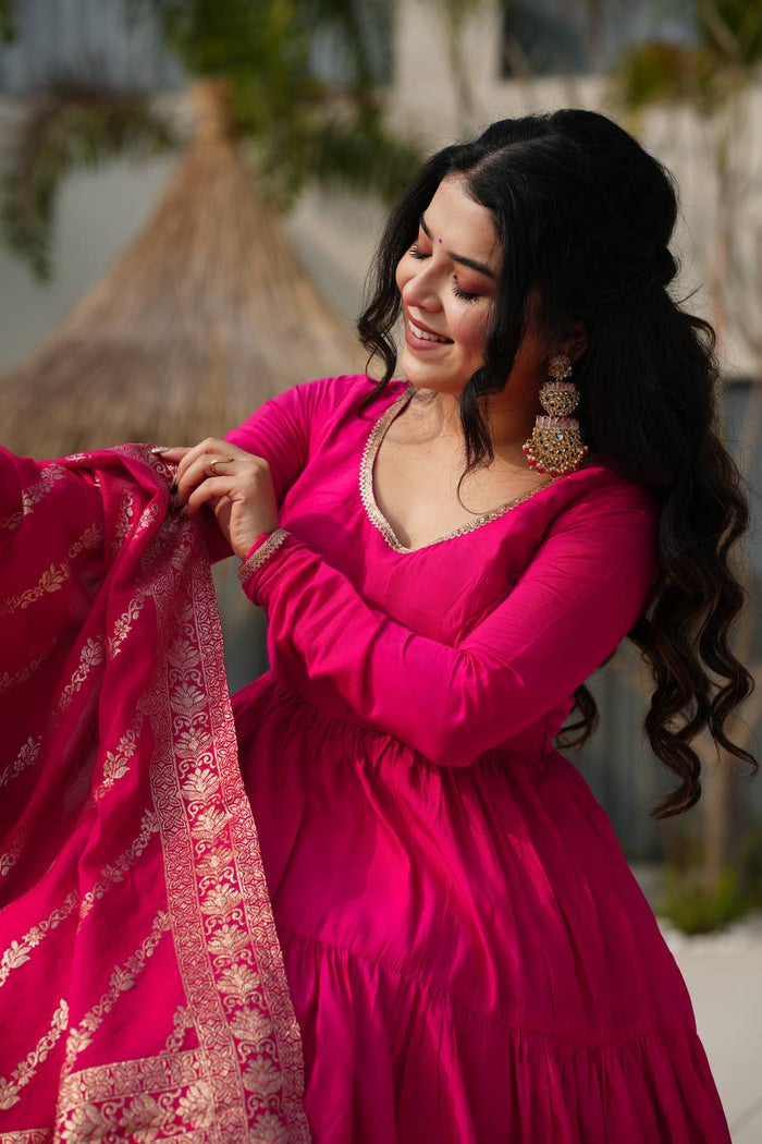 Charming Hot Pink Anarkali Suit With Banarsi Silk Dupatta