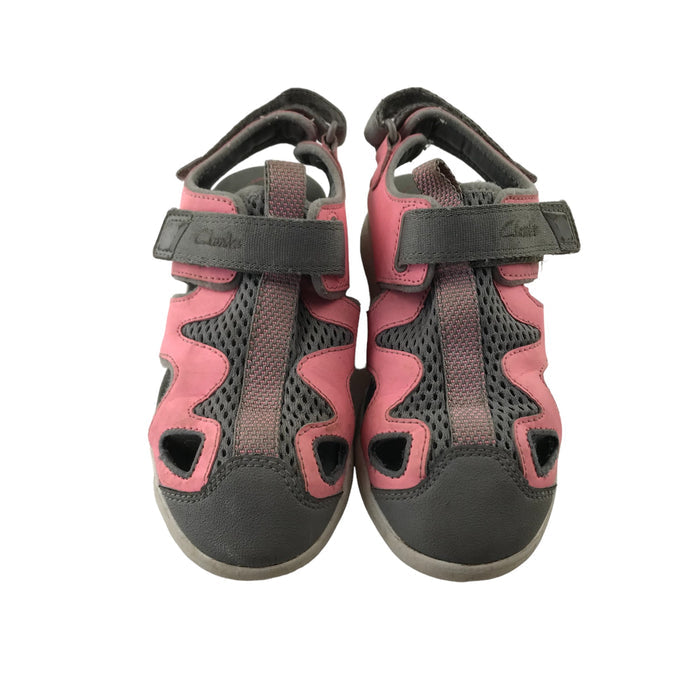 Clarks size UK 11.5 (jr) grey pink strap sandals