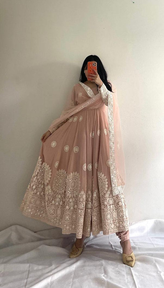 Classic Peach Color Embroidery Work Anarkali Gown