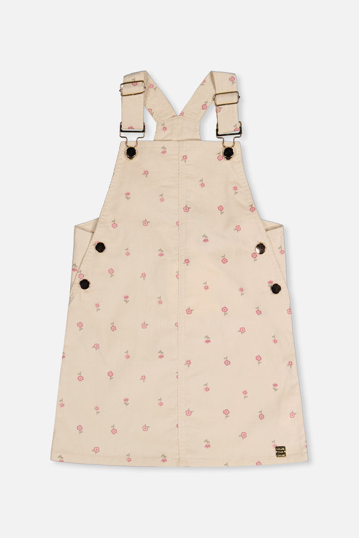 Deux par Deux girls corduroy overall dress in beige floral print, front view
