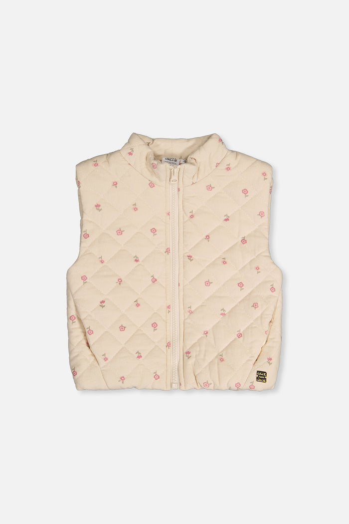 Deux par Deux girls' corduroy puffy vest in beige floral print, front view