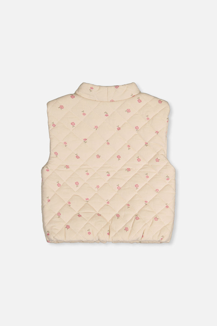 Back view of the Deux par Deux beige floral corduroy puffy vest