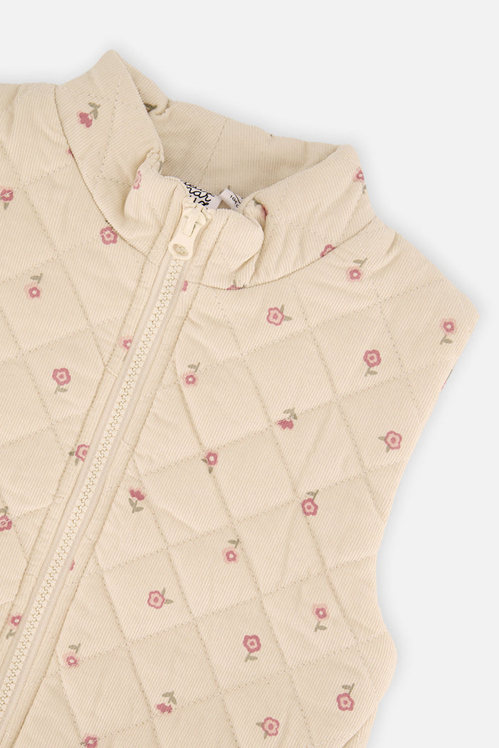 Additional view of the beige floral print corduroy puffy vest by Deux par Deux