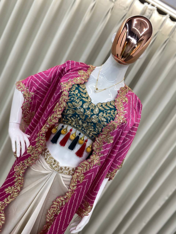 Cream Cowl Skirt Rama Blouse and Shrug With Embroidery Western Look Outfit