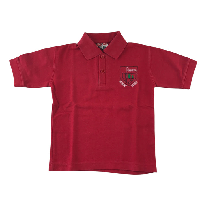 Second-hand Crookfur Primary red polo shirt, flat lay view with embroidered school badge.