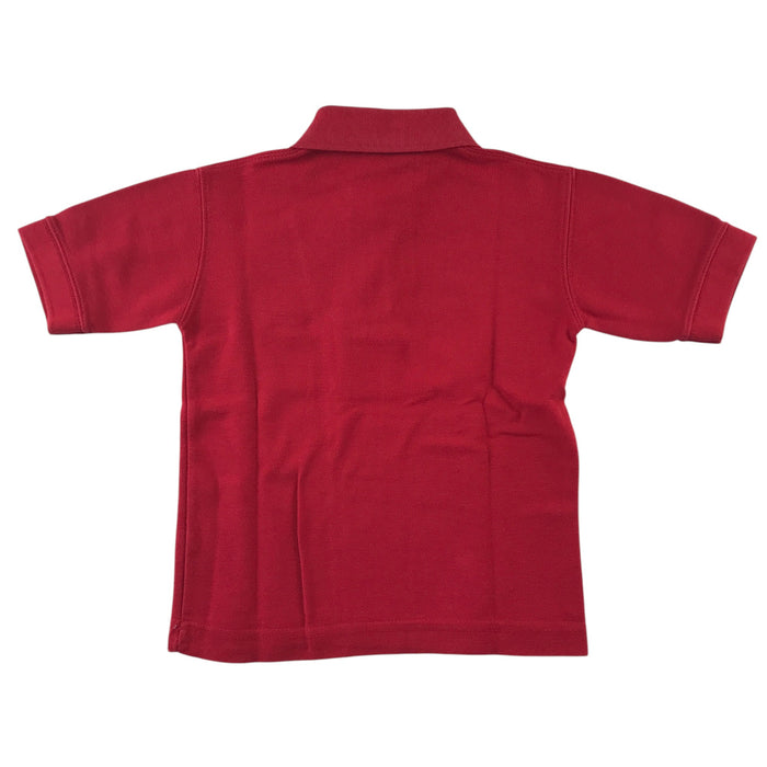 Second-hand Crookfur Primary red polo shirt, flat lay view with embroidered school badge.